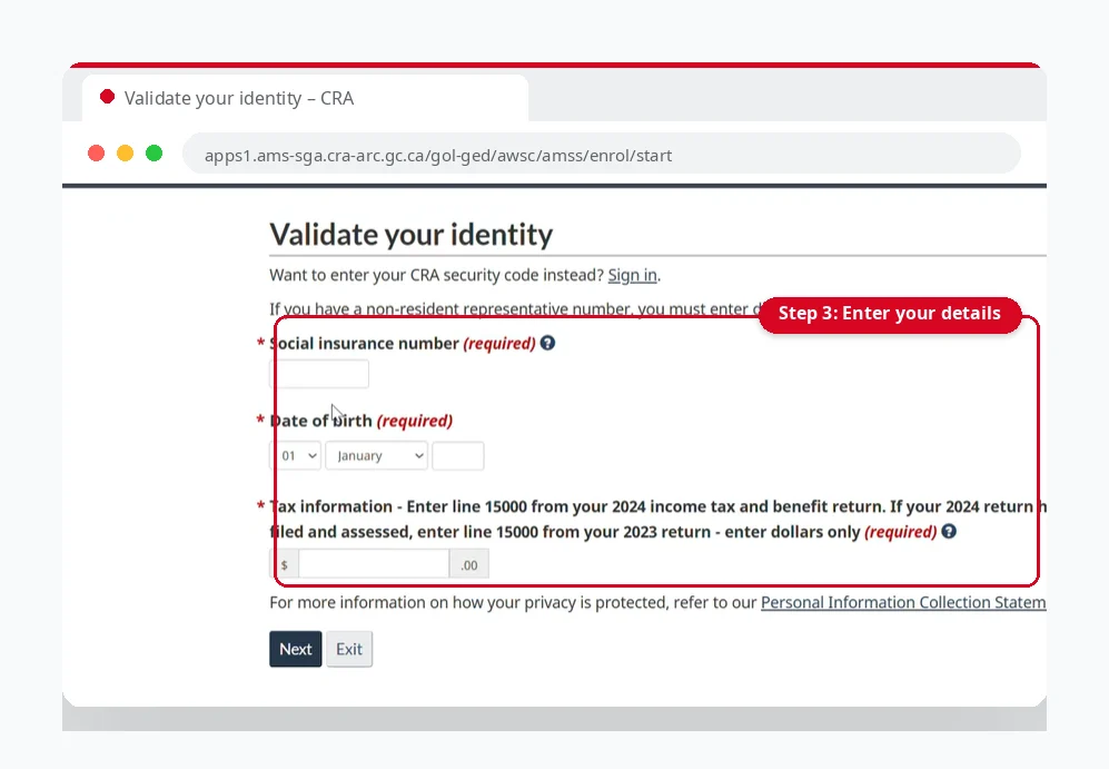 CRA Account Registration: Register for a CRA Account 3 Personal information form for CRA account registration asking for details such as SIN and date of birth