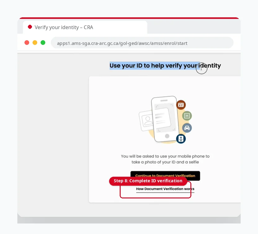 CRA Account Registration: Register for a CRA Account 8 Complete CRA identity verification with a passport, driver’s licence, or provincial photo ID