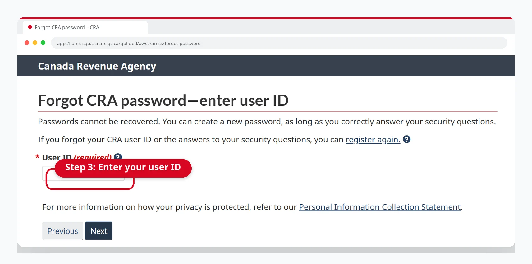 Forgot CRA Login? How to Recover Your Account 4 Forgot your password page on Canada.ca asking you to enter your CRA user ID
